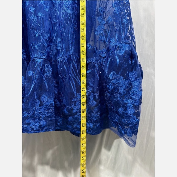 NWT $798 Mac Duggal [ 16 ] V Neck Mesh Puff Sleeve A Line Embellished Dress Blue - Picture 7 of 16